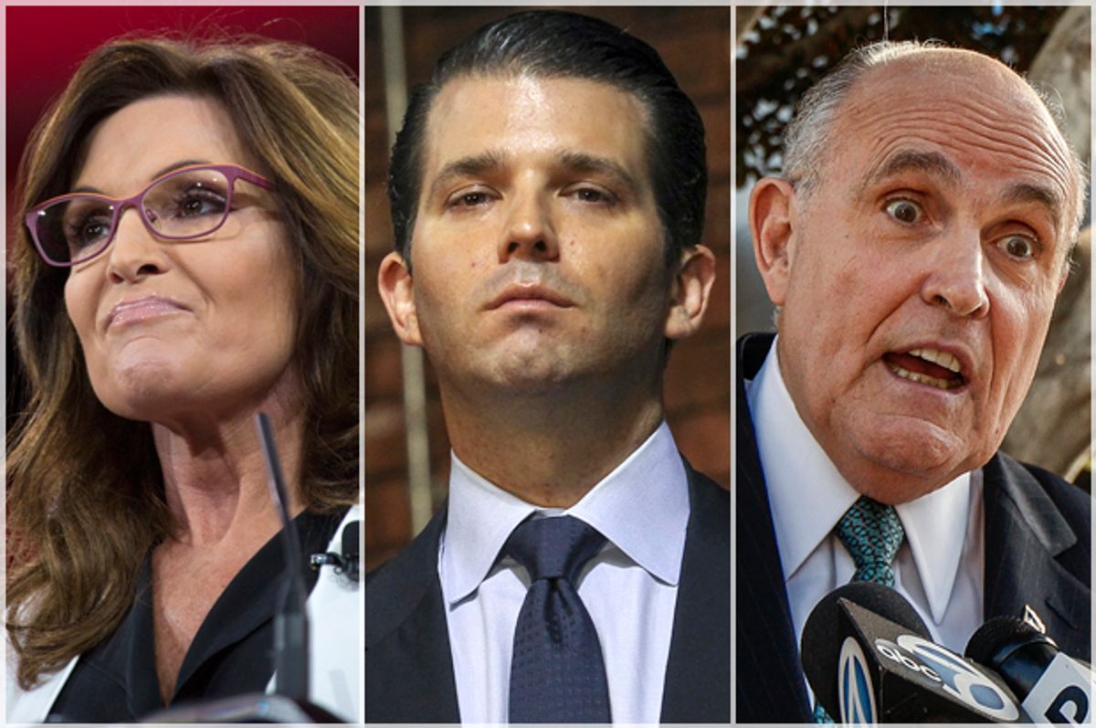 Sarah Palin; Donald Trump, Jr.; Rudy Giuliani   (Jeff Malet, maletphoto.com/AP/Cheryl Senter/Damian Dovarganes)