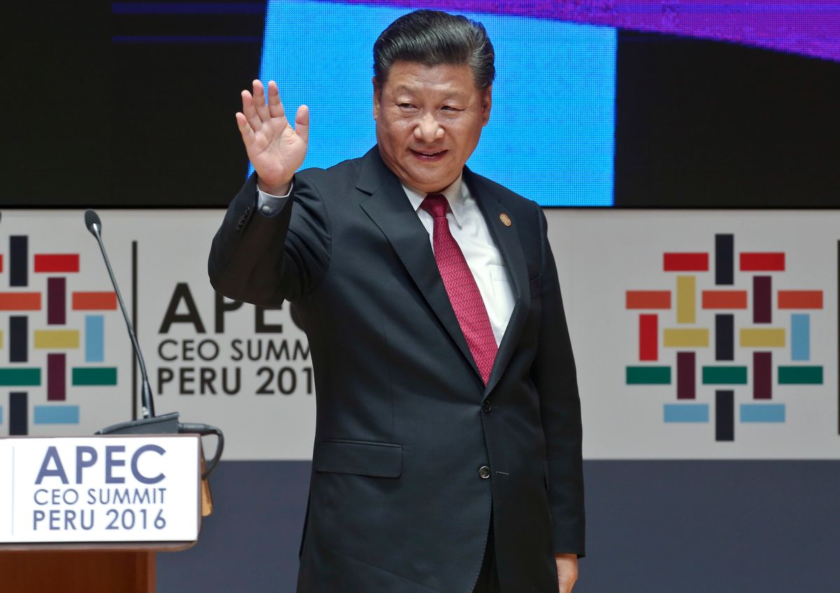 China's President Xi Jinping waves after speaking at the CEO summit during the annual Asia Pacific Economic Cooperation (APEC) forum in Lima, Peru, Saturday, Nov. 19, 2016. (AP Photo/Esteban Felix) (AP)