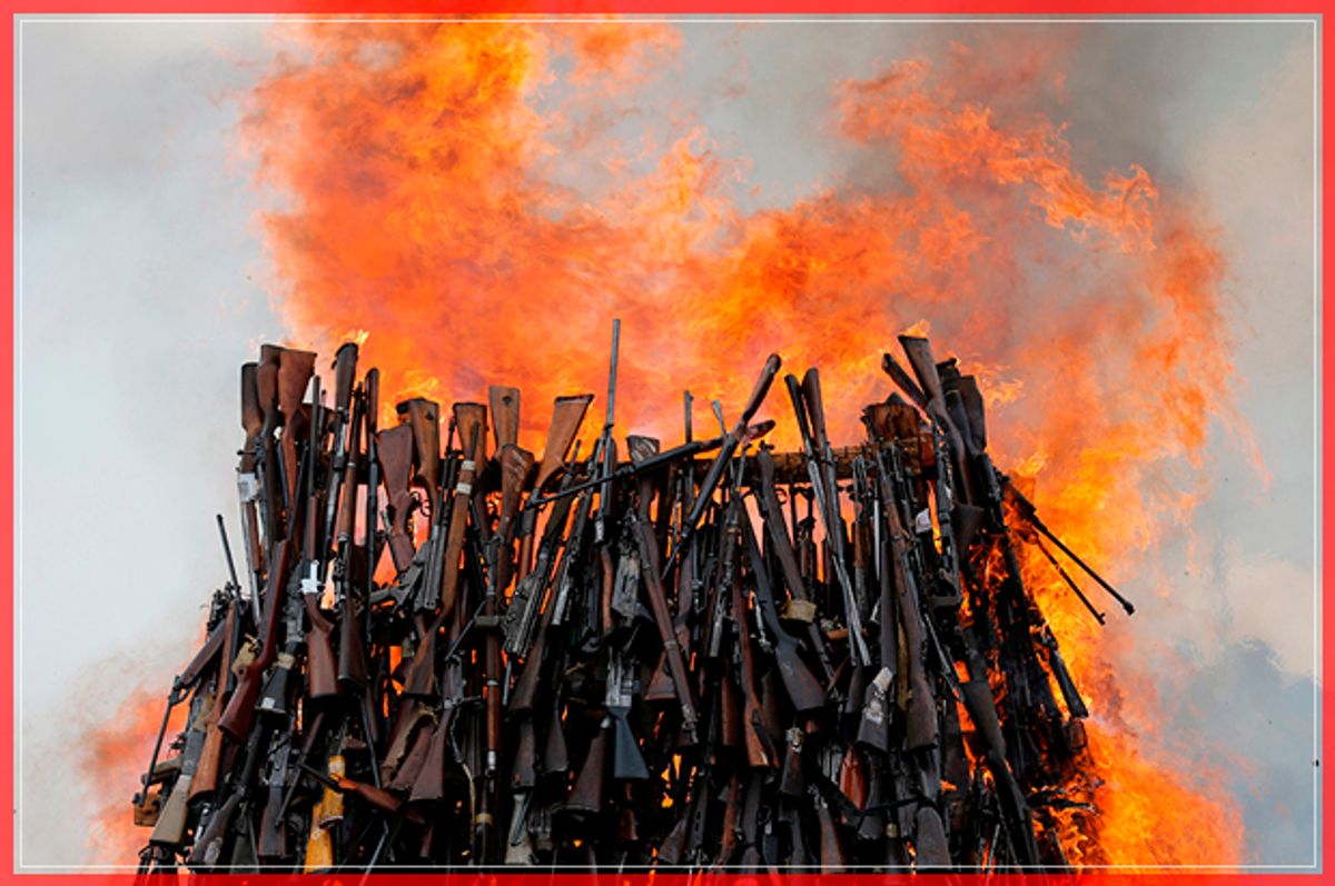 An assortment of 5250 illicit firearms and small weapons, recovered during various security operations burns during its destruction in Ngong hills near Kenya's capital Nairobi, November 15, 2016. REUTERS/Thomas Mukoya     TPX IMAGES OF THE DAY      - RTX2TS4A (Reuters)