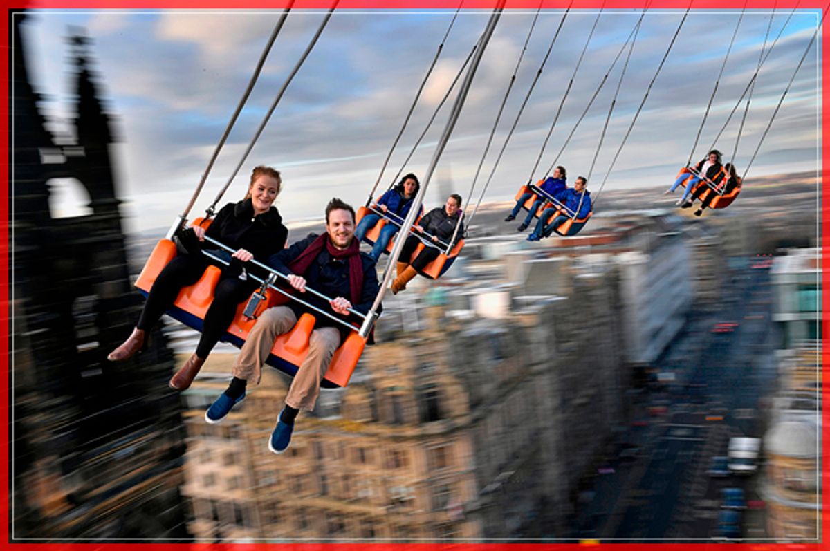 EDINBURGH, SCOTLAND - NOVEMBER 28:  Members of the public enjoy a ride on the star flyer on November 28, 2016 in Edinburgh, Scotland. The star flyer is one of a number of rides situated in Princes Street Gardens in Edinburgh along with an ice rink carousel and Big Wheel, open from late November and running until January 7, 2017.  (Photo by Jeff J Mitchell/Getty Images) (Getty Images)