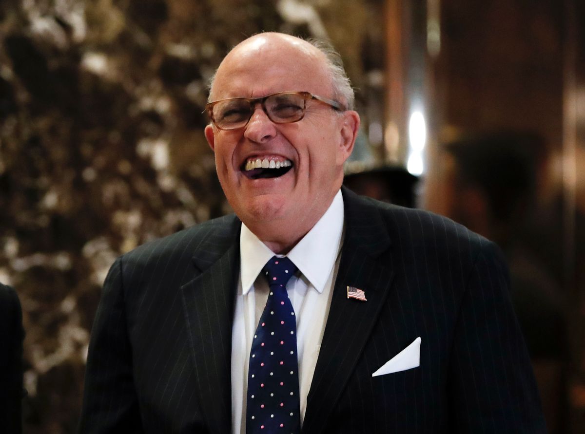 Former New York Mayor Rudy Giuliani laughs as he arrives at Trump Tower, Wednesday, Nov. 16, 2016, in New York.  (AP)
