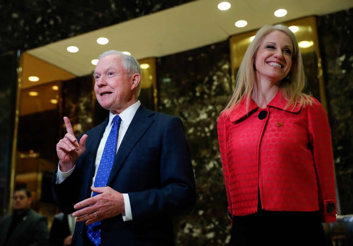 Sen. Jeff Sessions, R-Ala. and Kellyanne Conway, campaign manager for President-elect Donald Trump, speaks to reporters at Trump Tower in New York, Thursday, Nov. 17, 2016. (AP Photo/Carolyn Kaster) (AP Photo/Carolyn Kaster)