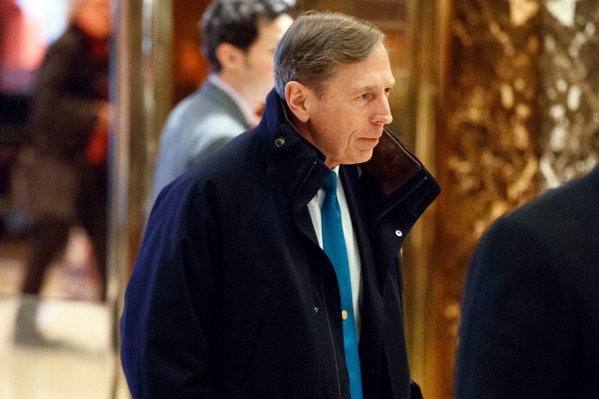 Former CIA director retired Gen. David Petraeus arrives at Trump Tower for a meeting with Presiden-elect Donald Trump, Monday, Nov. 28, 2016, in New York. (AP Photo/ Evan Vucci) (AP)