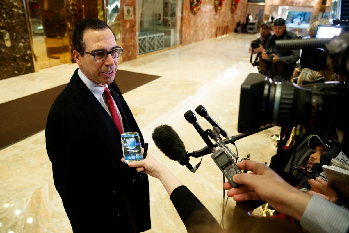 Steven Mnuchin, President-elect Donald Trump's nominee for Treasury Secretary, talks with reporters in the lobby of Trump Tower. (AP)