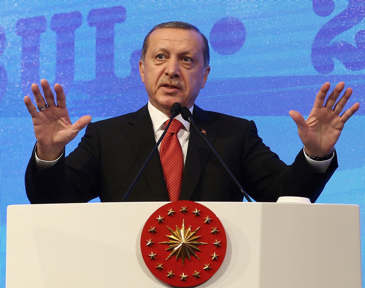 Turkey's President Recep Tayyip Erdogan addresses a NATO parliamentary assembly meeting in Istanbul, Monday, Nov. 21, 2016. Erdogan has called on the United States and other nations to re-assess his country's proposal for the creation of a no-fly zone in northern Syria. Addressing the NATO meeting, Erdogan again criticized allies' reliance on Syrian Kurdish fighters to battle the Islamic State group.(Kayhan Ozer, Presidential Press Service, Pool photo via AP) (AP)