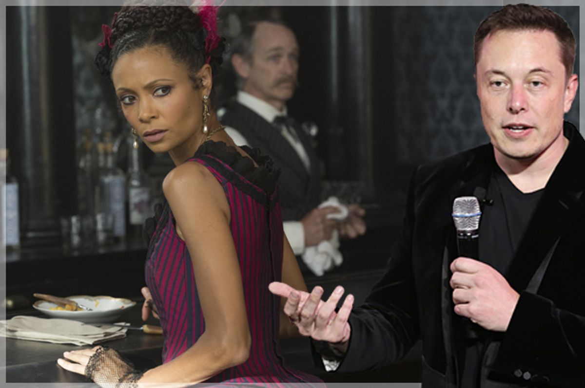 Thandie Newton in Westworld; Elon Musk (HBO/ John P. Johnson/AP/Marcio Jose Sanchez)