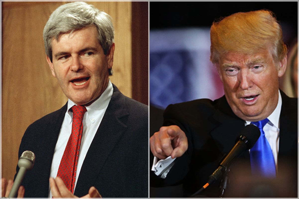 Newt Gingrich in 1989; Donald Trump   (AP/Duricka Getty/Spencer Platt)