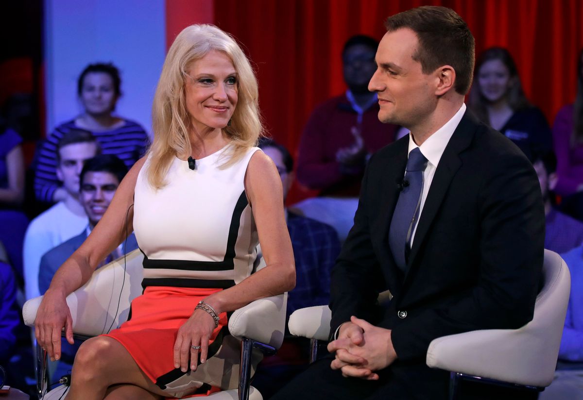 Kellyanne Conway, the campaign manager for Donald Trump, left, looks towards Robby Mook, the campaign manager for Hillary Clinton, prior to a forum at Harvard University's Kennedy School of Government in Cambridge, Mass., Thursday, Dec. 1, 2016. (AP)