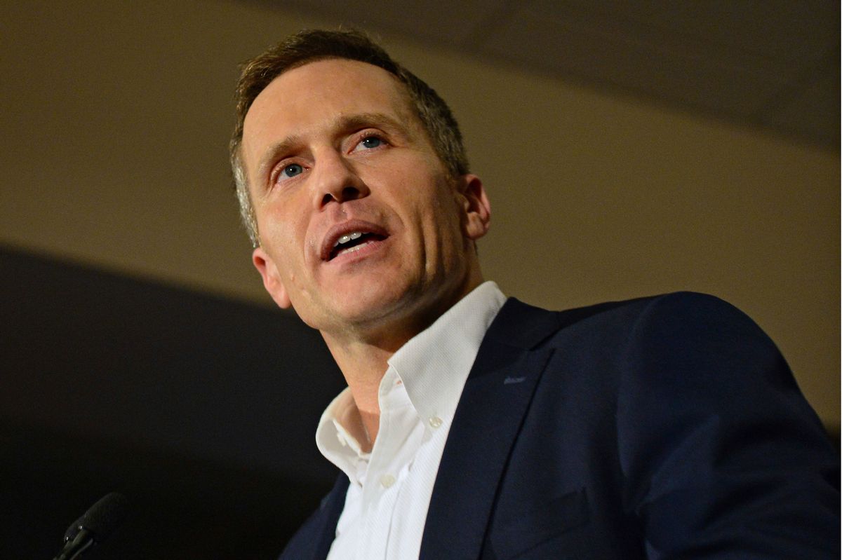 FILE - In this Nov. 8, 2016 file photo, Missouri Republican Governor-elect Eric Greitens delivers a victory speech in Chesterfield, Mo. Greitens, has promised to sign a right-to-work law when he gets into office. (AP Photo/Jeff Curry, File) (AP)