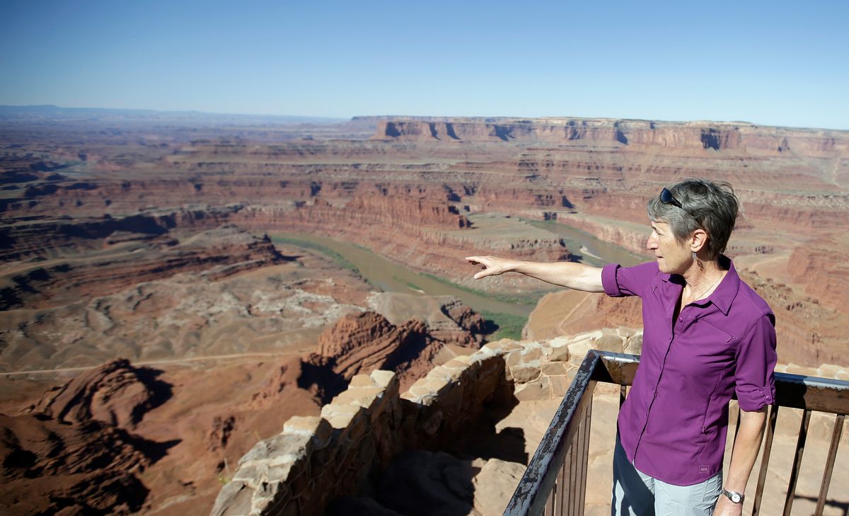 FILE - This July 14, 2016, file photo, U.S. Interior Secretary Sally Jewell looks from Dead Horse Point, near Moab, Utah, during a tour to meet with proponents and opponents to the "Bears Ears" monument proposal. President Barack Obama designated two national monuments Wednesday, Dec. 28, at sites in Utah and Nevada that have become key flashpoints over use of public land in the U.S. West. (AP Photo/Rick Bowmer, File) (AP)