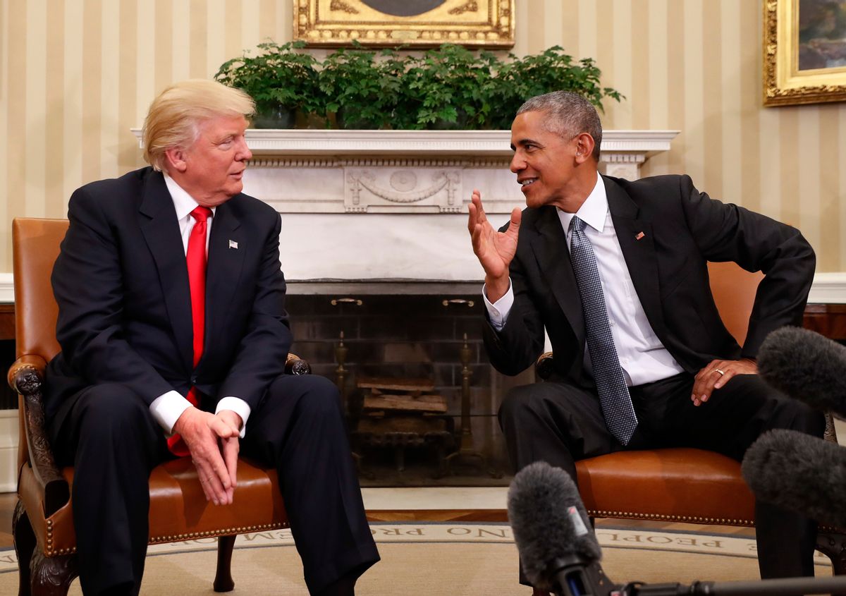 FILE - In this Nov. 10, 2016, file photo, President Barack Obama meets with President-elect Donald Trump in the Oval Office of the White House in Washington.  (AP)