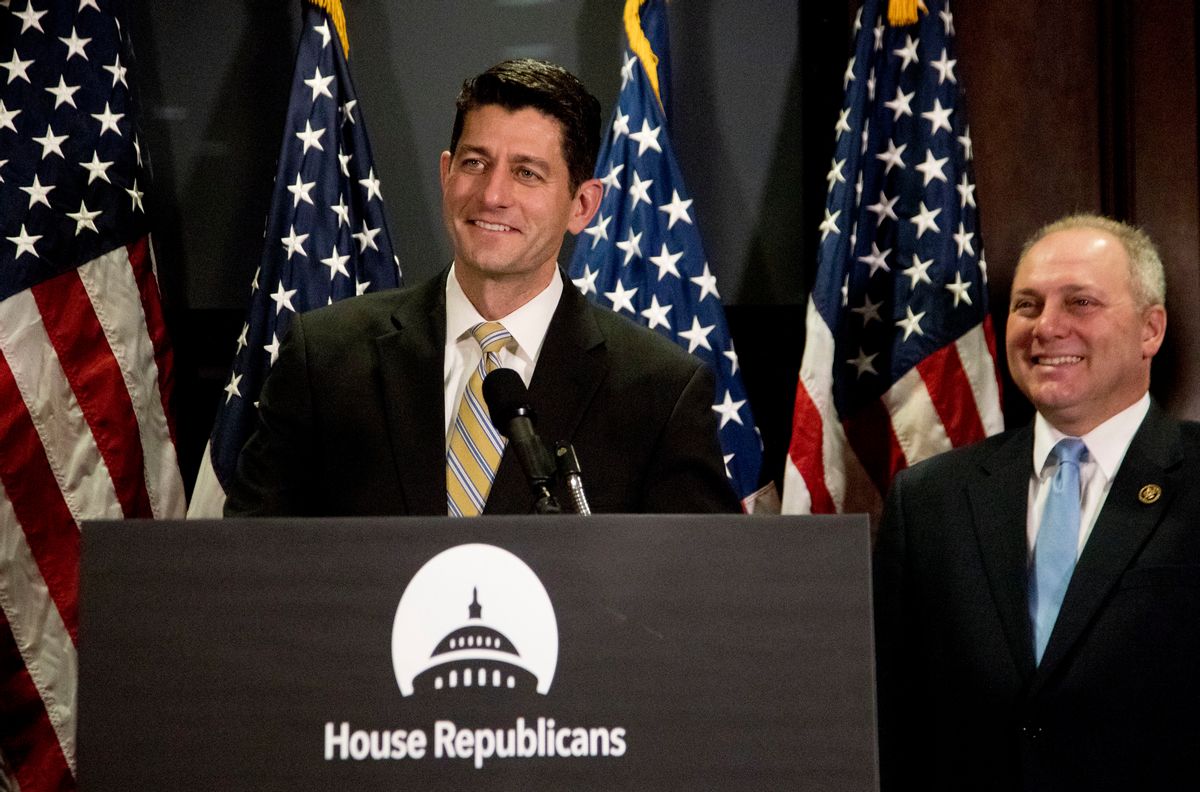 House Speaker Paul Ryan of Wis., with House Majority Whip Steve Scalise of La., speaks to reporters during a news conference on Capitol Hill in Washington, Tuesday, Dec. 6, 2016. (AP Photo/Manuel Balce Ceneta) (AP)