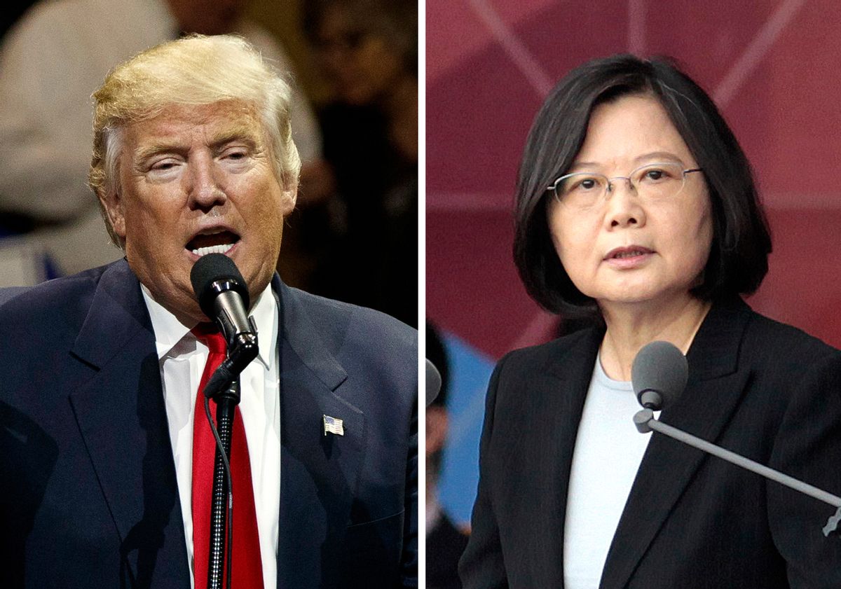 FILE - This combination of two photos shows U.S. President-elect Donald Trump, left, speaking during a "USA Thank You" tour event in Cincinatti Thursday, Dec. 1, 2016, and Taiwan's President Tsai Ing-wen, delivering a speech during National Day celebrations in Taipei, Taiwan, Monday, Oct. 10, 2016. Trump spoke Friday, Dec. 2, with Tsai, a move that will be sure to anger China. (AP Photo/Evan Vucci, Chinag Ying-ying, File) (AP)
