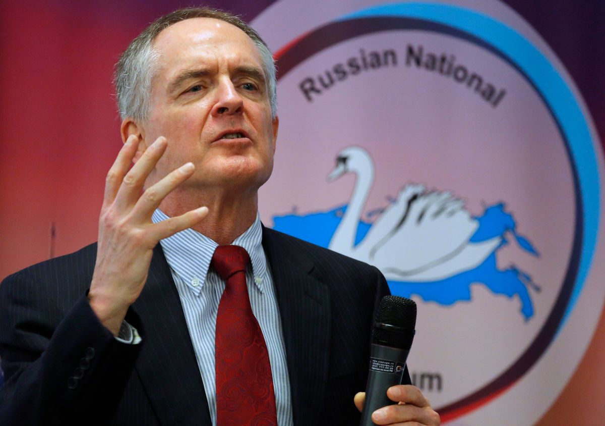 FILE - In a March 22, 2015 file photo, U.S. writer Jared Taylor, author of the book "White Identity" speaks during the International Russian Conservative Forum in St.Petersburg, Russia. Taylor, a Yale University-educated, self-described “race realist, ” runs the New Century Foundation. The federal government has allowed four groups at the forefront of the white nationalist movement, including the New Century Foundation, to register as charities and raise more than $7.8 million in tax-deductible donations over the past decade, according to an Associated Press review. (AP Photo/Dmitry Lovetsky, File) (AP)