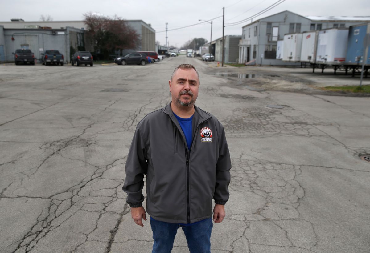 Mike Harmon, of Huntington, Ind., poses outside his union's meeting hall in Huntington, Ind., Tuesday, Dec. 6, 2016. Harmon, whose wife also works at the factory, said it's his third factory closing. He's worried he won't find anything close to the $17 an hour United Technologies provides. The couple has two children in college and two in high school and is doing what he called "major couponing" and cutting back on non-necessities. (AP Photo/Michael Conroy) (AP)