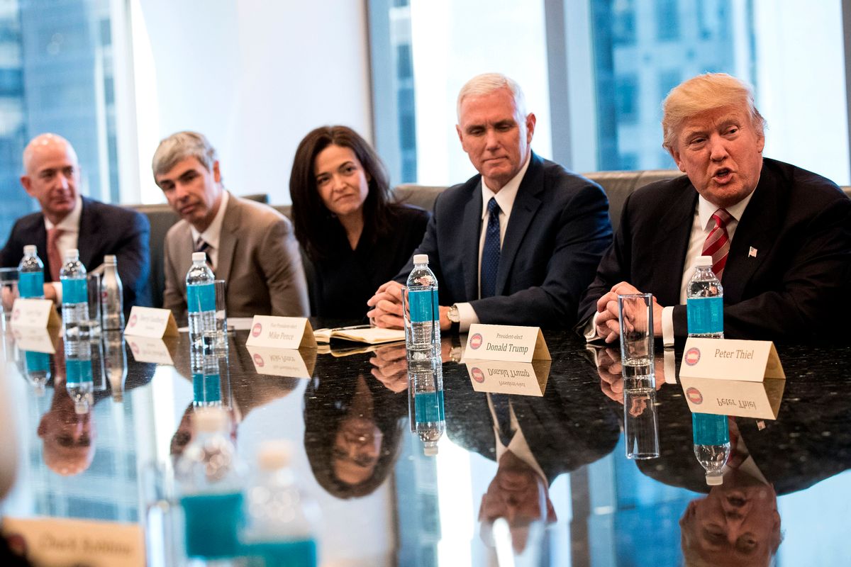 Jeff Bezos, chief executive officer of Amazon, Larry Page, chief executive officer of Alphabet Inc. (parent company of Google), Sheryl Sandberg, chief operating officer of Facebook,  Mike Pence and Donald Trump (Getty/Drew Angerer)