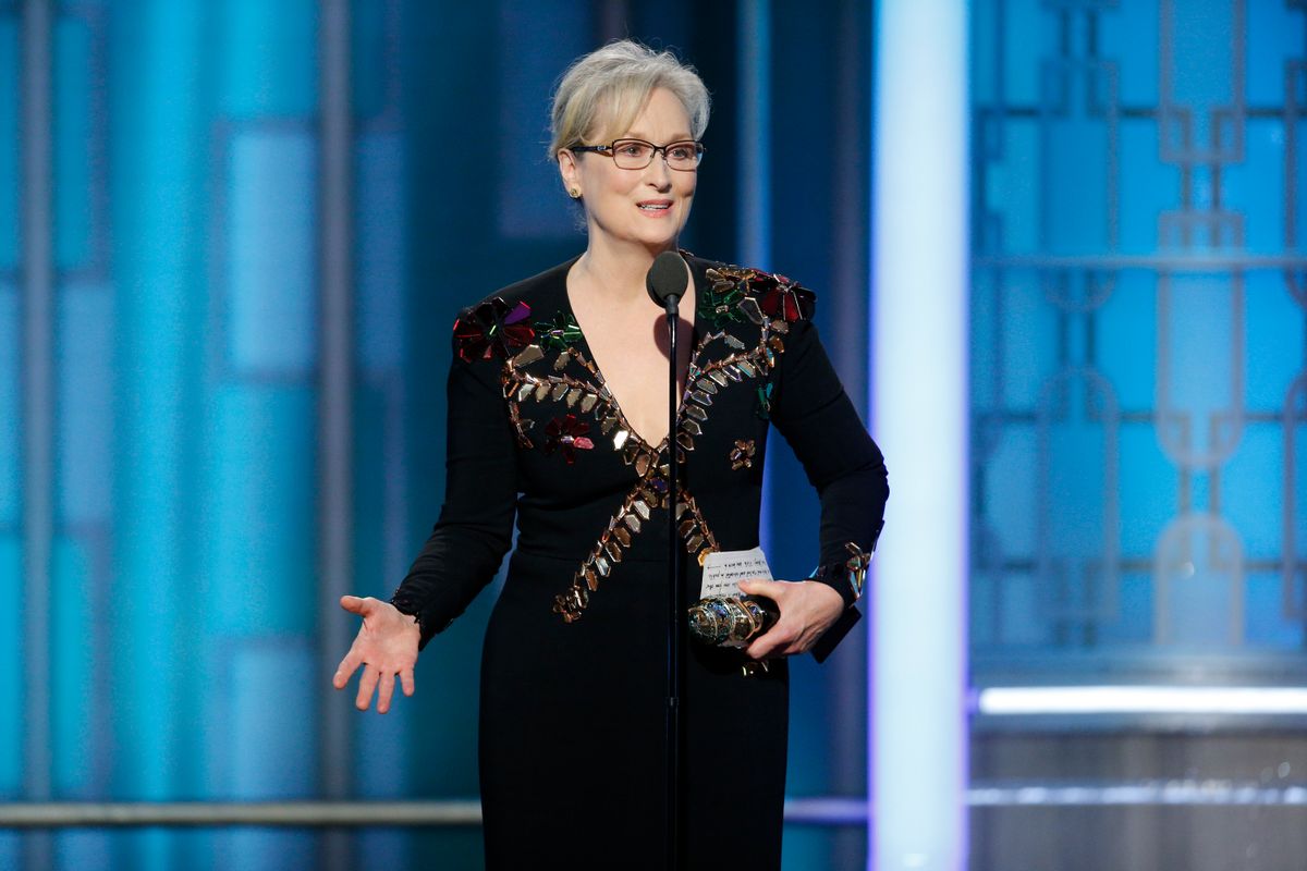 This image released by NBC shows Meryl Streep accepting the Cecil B. DeMille Award at the 74th Annual Golden Globe Awards at the Beverly Hilton Hotel in Beverly Hills, Calif., on Sunday, Jan. 8, 2017. (Paul Drinkwater/NBC via AP) (AP)