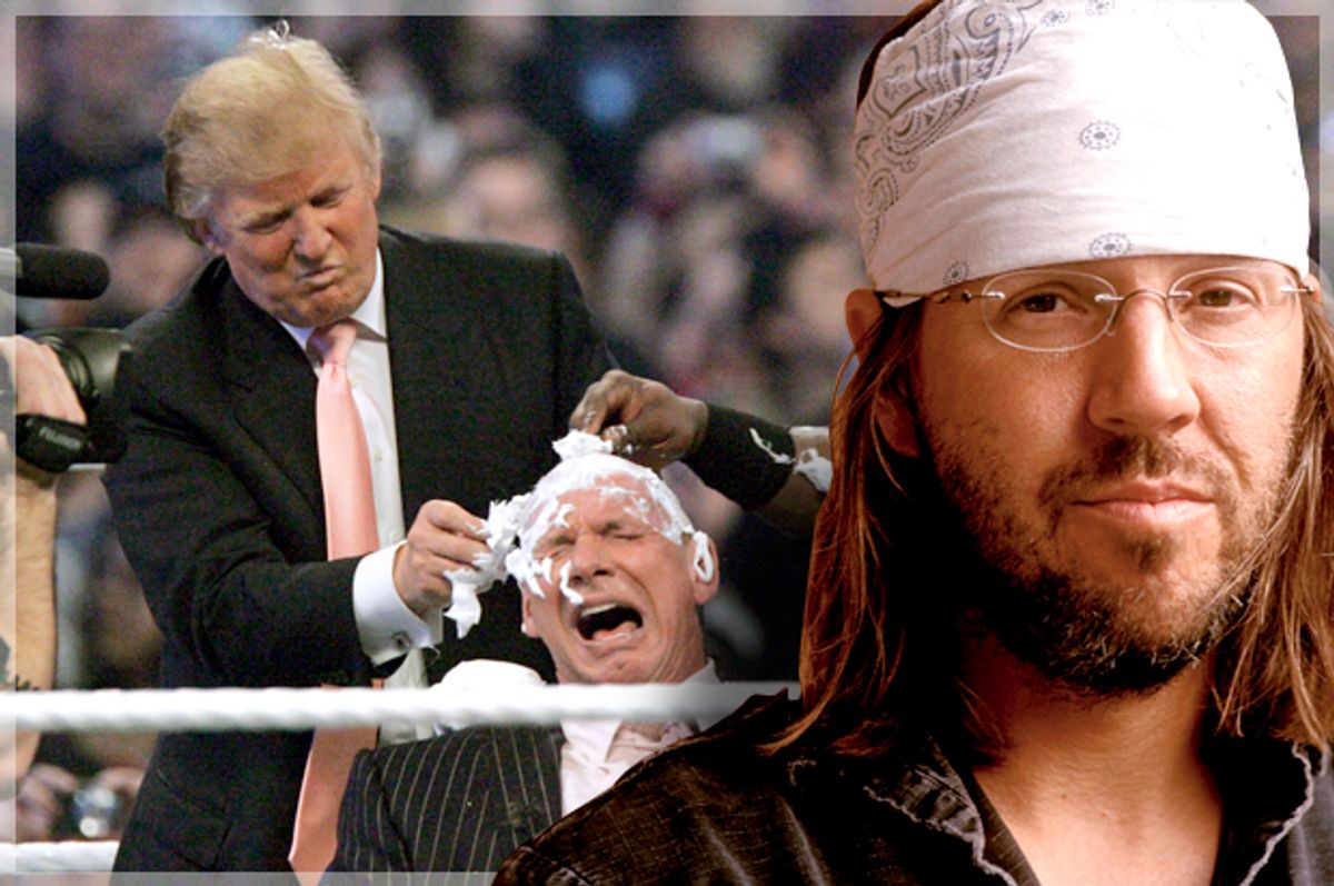 Donald Trump shaves the head of Vince McMahon at Wrestlemania 23, April 1, 2007; David Foster Wallace (AP/Carlos Osorio/Hachette/Salon)
