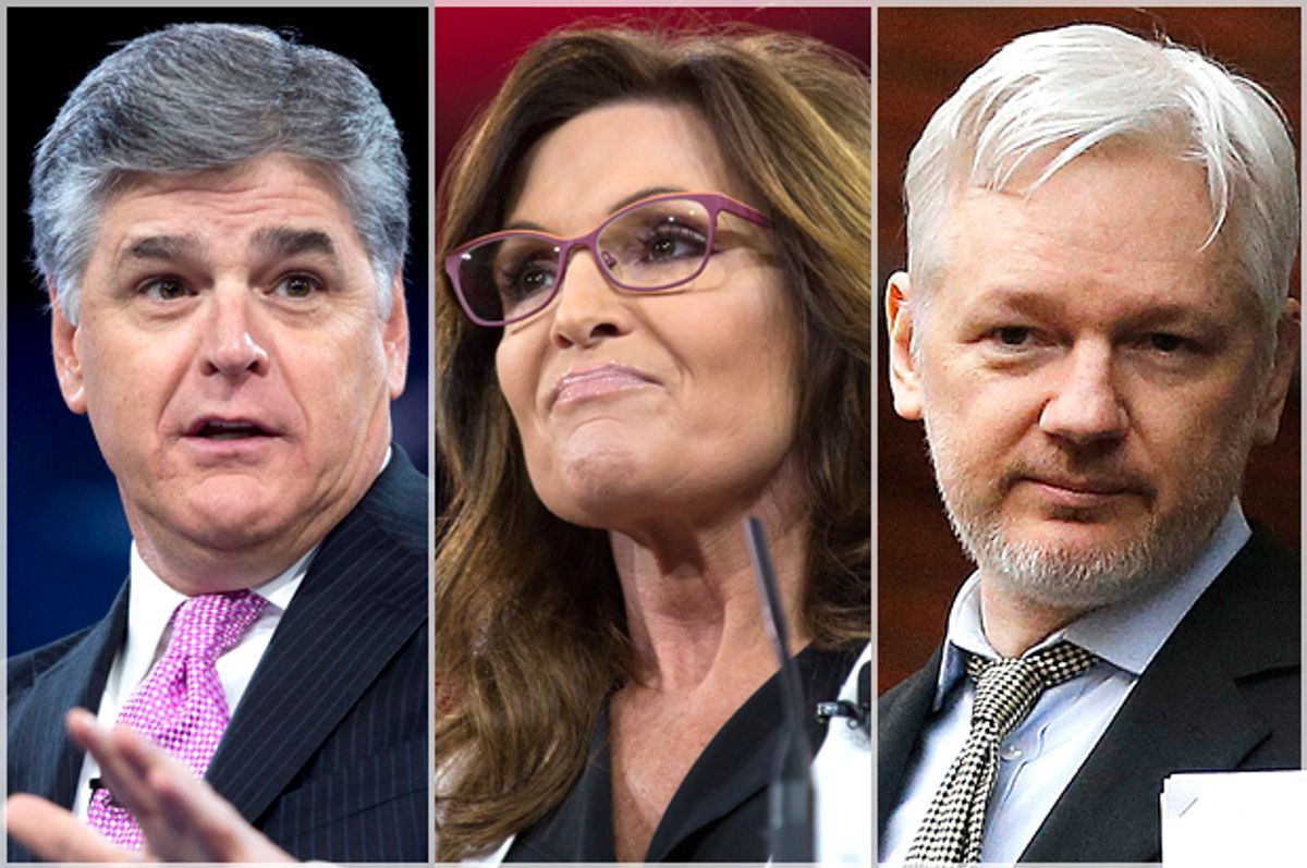 Sean Hannity; Sarah Palin; Julian Assange   (Getty/Saul Loeb/Jeff Malet, maletphoto.com/AP/Frank Augstein)