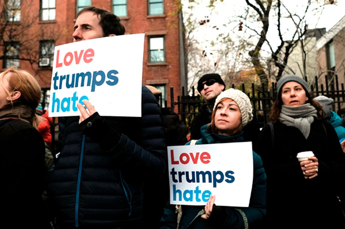 People participate in an anti-hate rally in Brooklyn on November 20, 2016    (Getty/Spencer Platt)