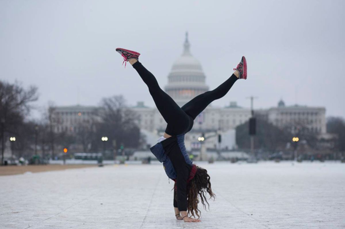 Yetta Stein from Portland does a handstand before the Women's March.   (Peter Cooper/Salon)