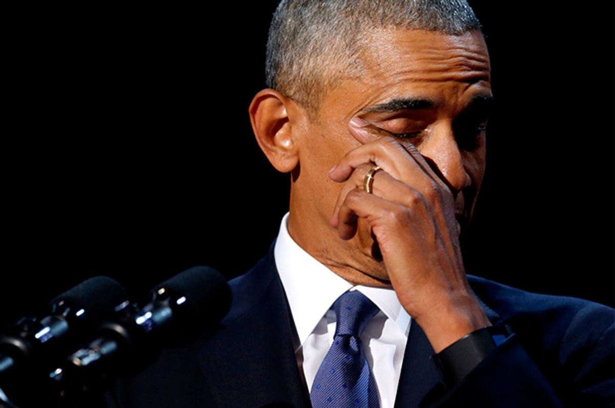 U.S. President Barack Obama wipes away tears as he delivers his farewell address in Chicago, Illinois   (Reuters/Jonathan Ernst)