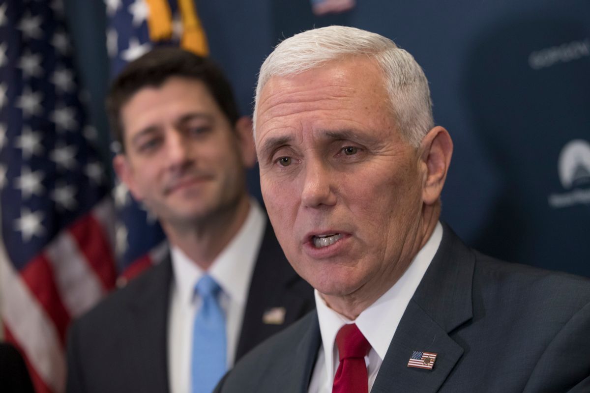 In this Jan. 4, 2017 photo, Vice President-elect Mike Pence, joined by House Speaker Paul Ryan of Wis., speaks during a news conference on Capitol Hill in Washington.  Mike Pence, who spent a dozen years in Congress before becoming Indiana’s governor, is making frequent visits to Capitol Hill and promising close coordination with lawmakers as Donald Trump prepares to enter the White House.  (AP Photo/J. Scott Applewhite) (AP)