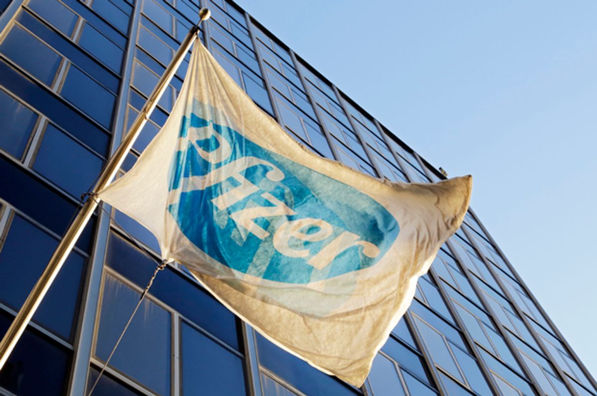 FILE - In this Monday, Nov. 23, 2015, file photo, the Pfizer flag flies in front of world headquarters in New York. On Wednesday, Aug. 24, 2016, drugmaker Pfizer said it's buying rights to Anglo-Swedish drugmaker AstraZeneca PLC's portfolio of approved and experimental antibiotic and antifungal pills, a move to boost Pfizer's business in one of its priority areas. The deal is valued in excess of $1.5 billion, including rights to sell the medicines in most countries outside the U.S., royalties and other payments. (AP Photo/Mark Lennihan, File) (AP/Mark Lennihan)
