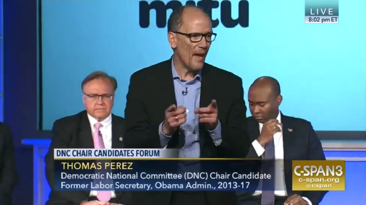 Former secretary of labor Tom Perez speaks at a debate held for candidates seeking to lead the Democratic National Committee. The event was sponsored by the group Democracy in Color and held Jan. 23, 2017. (Image via screenshot)