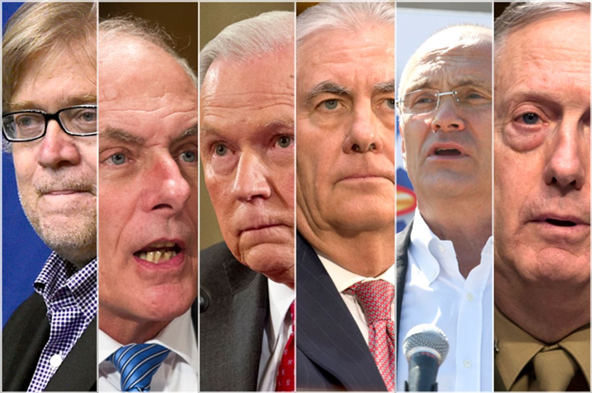 Steve Bannon; John F. Kelly; Jeff Sessions; Rex Tillerson; Andy Puzder; James Mattis   (AP/Reuters/Getty)