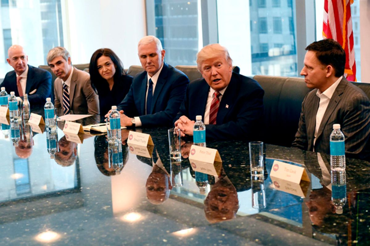Jeff Bezos, Larry Page, Sheryl Sandberg, Mike Pence, Donald Trump and Peter Thiel meet at Trump Tower in New York, December 14, 2016.    (Getty/Timothy A. Clary)