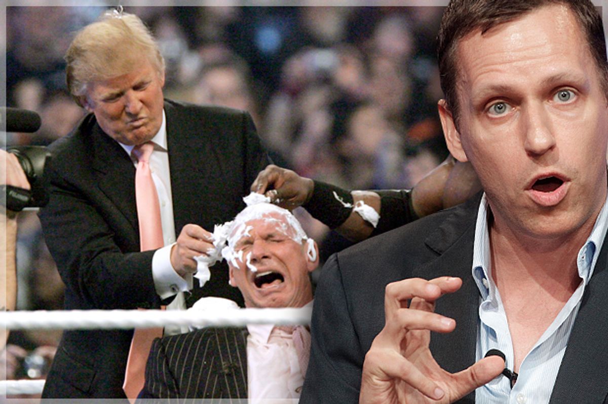 Donald Trump shaves the head of Vince McMahon at Wrestlemania 23; Peter Thiel   (APCarlos Osorio/Reuters/Fred Prouser/Photo montage by Salon)