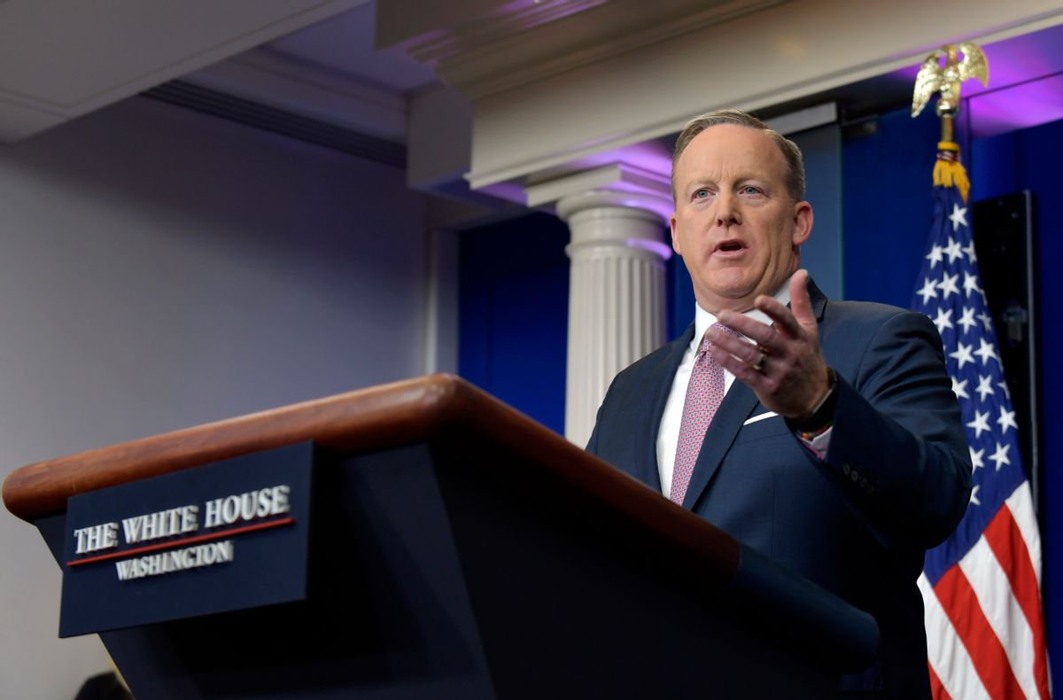 White House press secretary Sean Spicer speaks during the daily briefing at the White House in Washington, Monday, Jan. 23, 2017. Spicer answered questions about prescriptions drug costs, trade, President Donald Trump's schedule among other topics. (AP Photo/Susan Walsh) (AP)