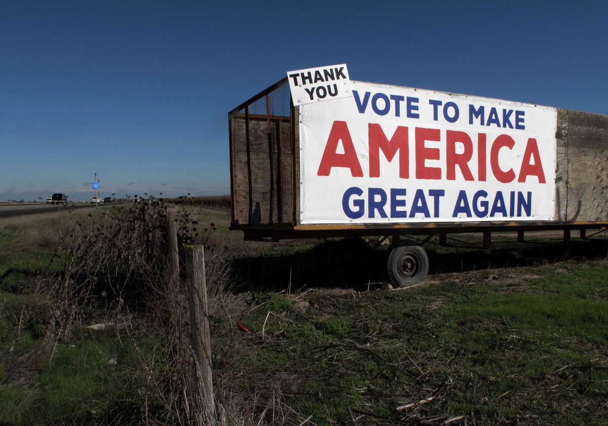 This Dec. 17, 2016 photo shows a Donald Trump campaign sign along a highway near Los Banos, Calif. A California farmer says Donald Trump's campaign vow to deport millions of immigrants who are in the country illegally pushed him into buying more equipment, cutting the number of workers he’ll need during the next harvest. Others in California's farming industry say Trump's tough campaign talk targeting immigrants in the country illegally, including a vast number of farmworkers, spurred them into action, too. (AP Photo/Scott Smith) (AP)