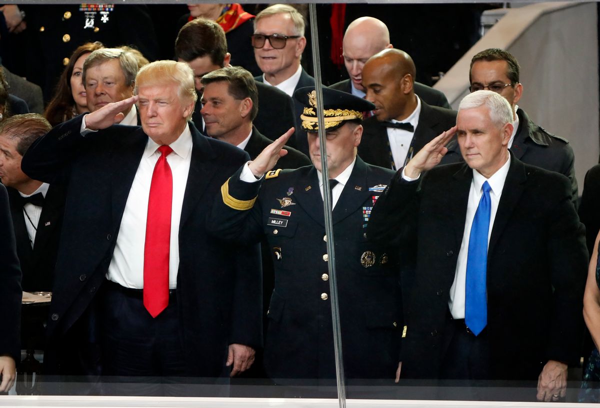 President Donald Trump salutes with Army Chief of Staff General Mark A. Milley and Vice President Mike Pence during the 58th Presidential Inauguration parade for President Donald Trump in Washington. Friday, Jan. 20, 2017 (AP Photo/Pablo Martinez Monsivais) (AP)