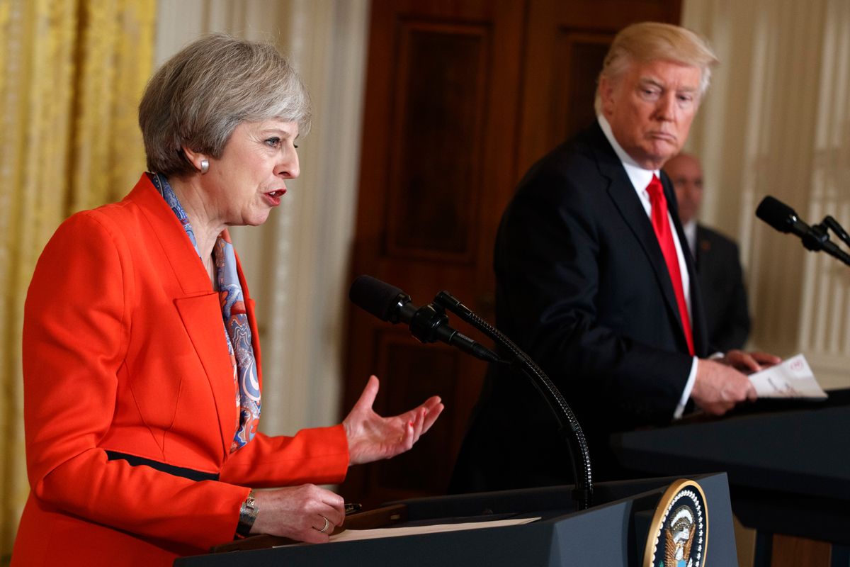 British Prime Minister Theresa May speaks during a news conference with President Donald Trump in the East Room of the White House in Washington, Friday, Jan. 27, 2017. (AP Photo/Evan Vucci) (AP)