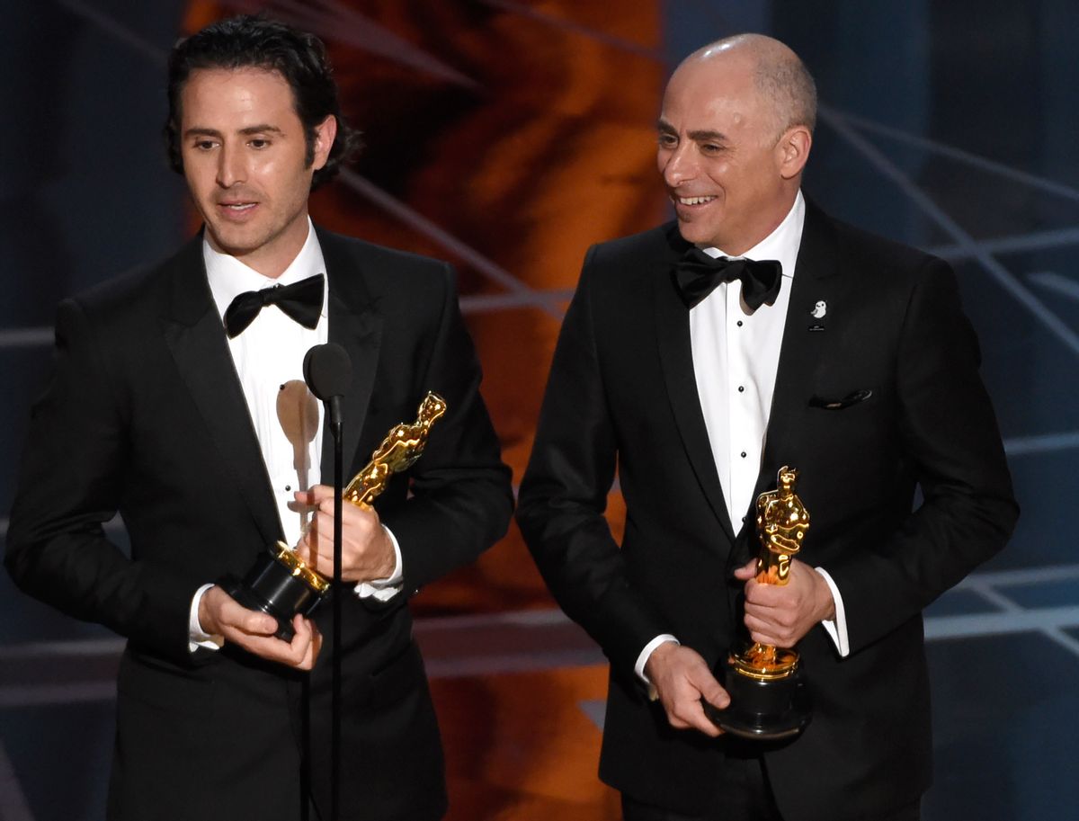 Alan Barillaro, left, and Marc Sondheimer accept the award for best animated short film for "Piper" at the Oscars on Sunday, Feb. 26, 2017, at the Dolby Theatre in Los Angeles. (Photo by Chris Pizzello/Invision/AP) (Chris Pizzello/invision/ap)