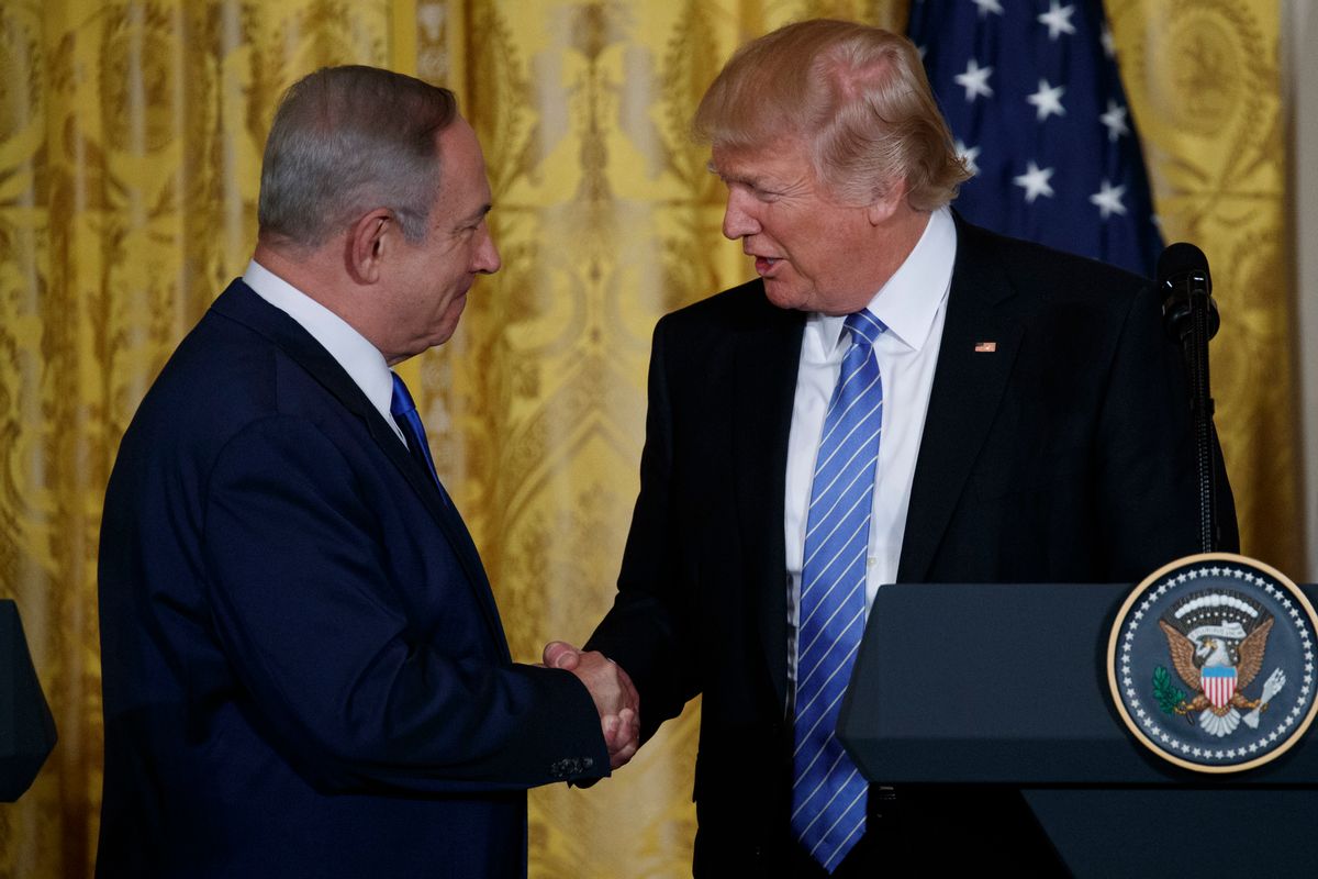 President Donald Trump shakes hands with Israeli Prime Minister Benjamin Netanyahu. (AP)
