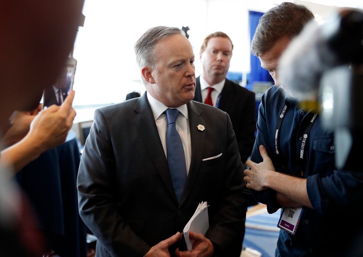 White House press secretary Sean Spicer does an interview at the Conservative Political Action Conference (CPAC), Friday, Feb. 24, 2017, in Oxon Hill, Md. (AP Photo/Alex Brandon) (AP)