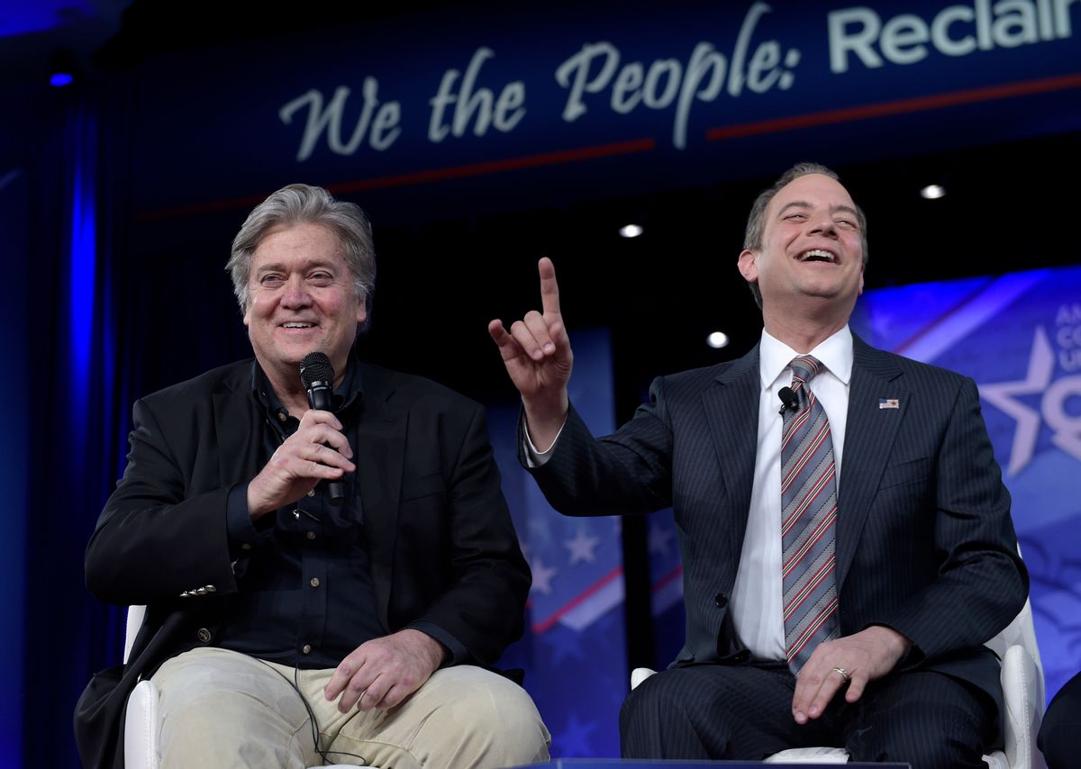 White House Chief of Staff Reince Priebus, right, accompanied by White House strategist Stephen Bannon, speaks at the Conservative Political Action Conference (CPAC) in Oxon Hill, Md., Thursday, Feb. 23, 2017. (AP Photo/Susan Walsh) (AP)