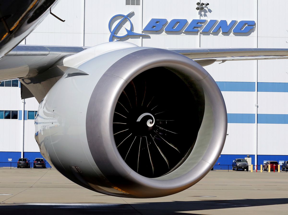 FILE - In this Tuesday, Feb. 16, 2016 file photo, An engine and part of a wing from the 100th 787 Dreamliner to be built at Boeing of South Carolina's North Charleston, S.C., facility are seen outside the plant.  (Brad Nettles/The Post and Courier via AP, File) (AP)