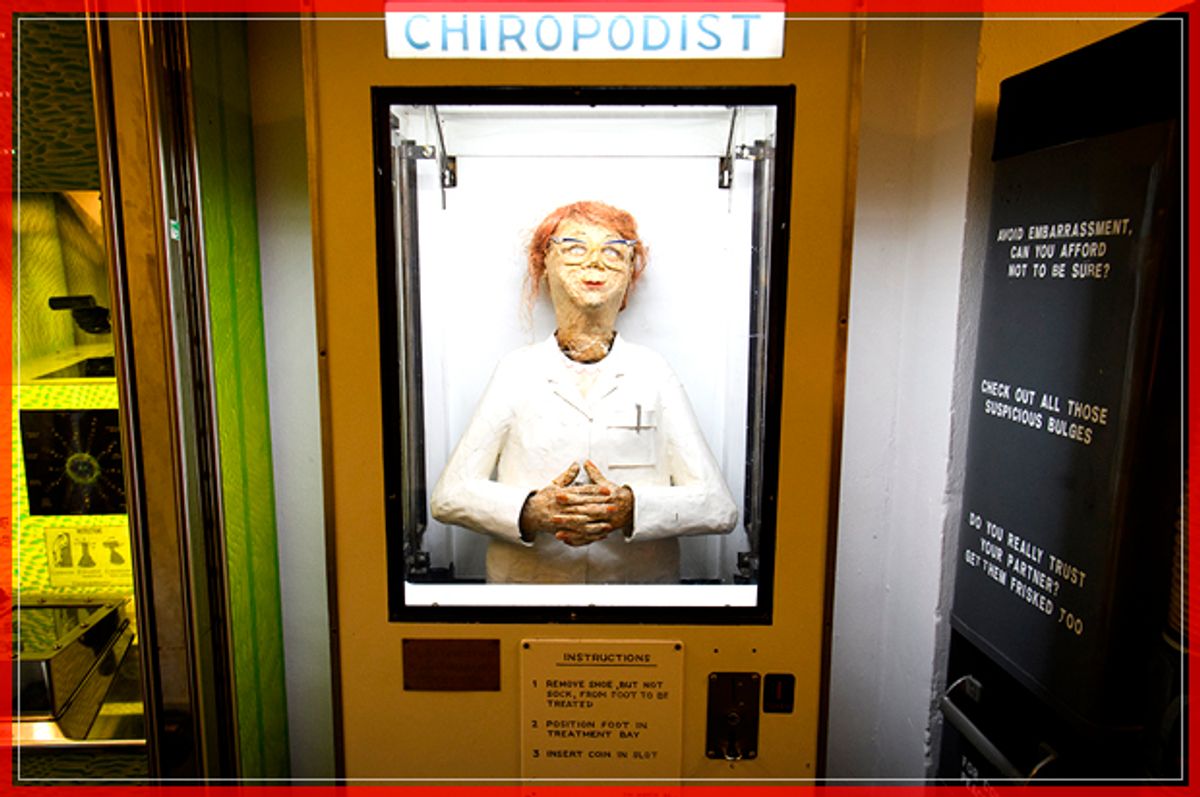 LONDON, ENGLAND - FEBRUARY 15:  The automatic "Chiropodist" machine is seen in the "Novelty Automation" gallery on February 15, 2017 in London, England. The gallery includes a selection of handmade arcade-style satirical machines, ranging from an alien probe device to a machine that simulates trying to successfully climb the housing ladder, with or without the assistance of the "Bank of Mum and Dad".  (Photo by Leon Neal/Getty Images) (Getty Images)