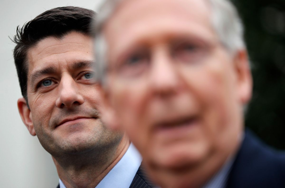 House Speaker Paul Ryan of Wis. listens at left as Senate Majority Leader Mitch McConnell of Ky. speaks to reporters outside the White House in Washington, Monday, Feb. 27, 2017, following their meeting with President Donald Trump inside. (AP Photo/Pablo Martinez Monsivais) (AP)