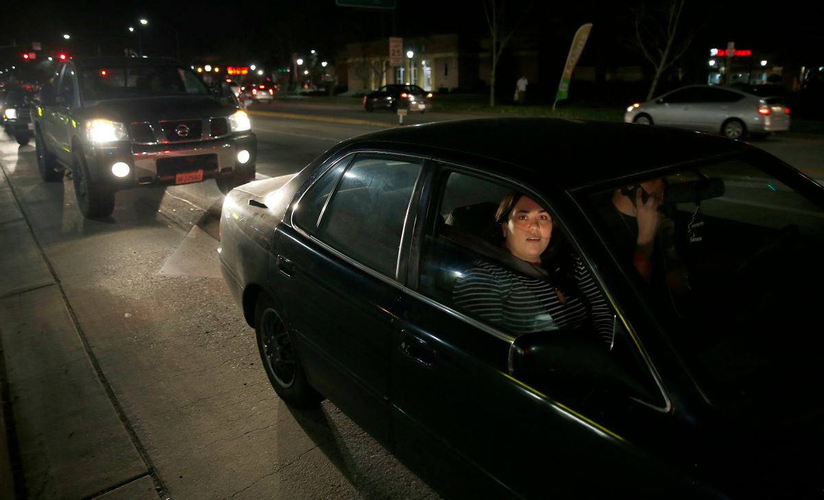 Kendra Curieo waits in traffic to evacuate Marysville, Calif., Sunday, Feb. 12, 2017. Thousands of residents of Marysville and other Northern California communities were told to leave their homes Sunday evening as an emergency spillway of the Oroville Dam could fail at any time unleashing flood waters from Lake Oroville, according to officials from the California Department of Water Resources. (AP Photo/Rich Pedroncelli) (AP)