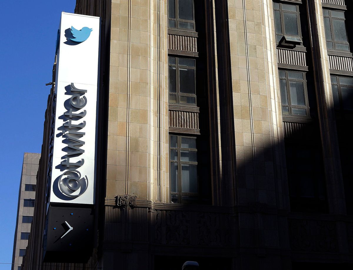 FILE - This Nov. 4, 2013, file photo shows the sign outside of Twitter headquarters in San Francisco. Twitter announced Thursday, Feb. 9, 2017, that the company is struggling to convert its headline omnipresence into cash and its profit expectations going forward is sending investors scattering. (AP Photo/Jeff Chiu, File) (AP)