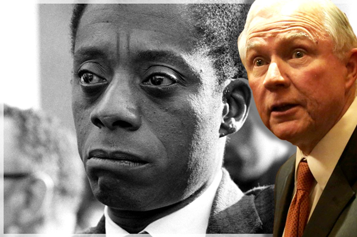 Jeff Sessions; James Baldwin in "I Am Not Your Negro"   (Getty/Alex Wong/Magnolia Pictures)