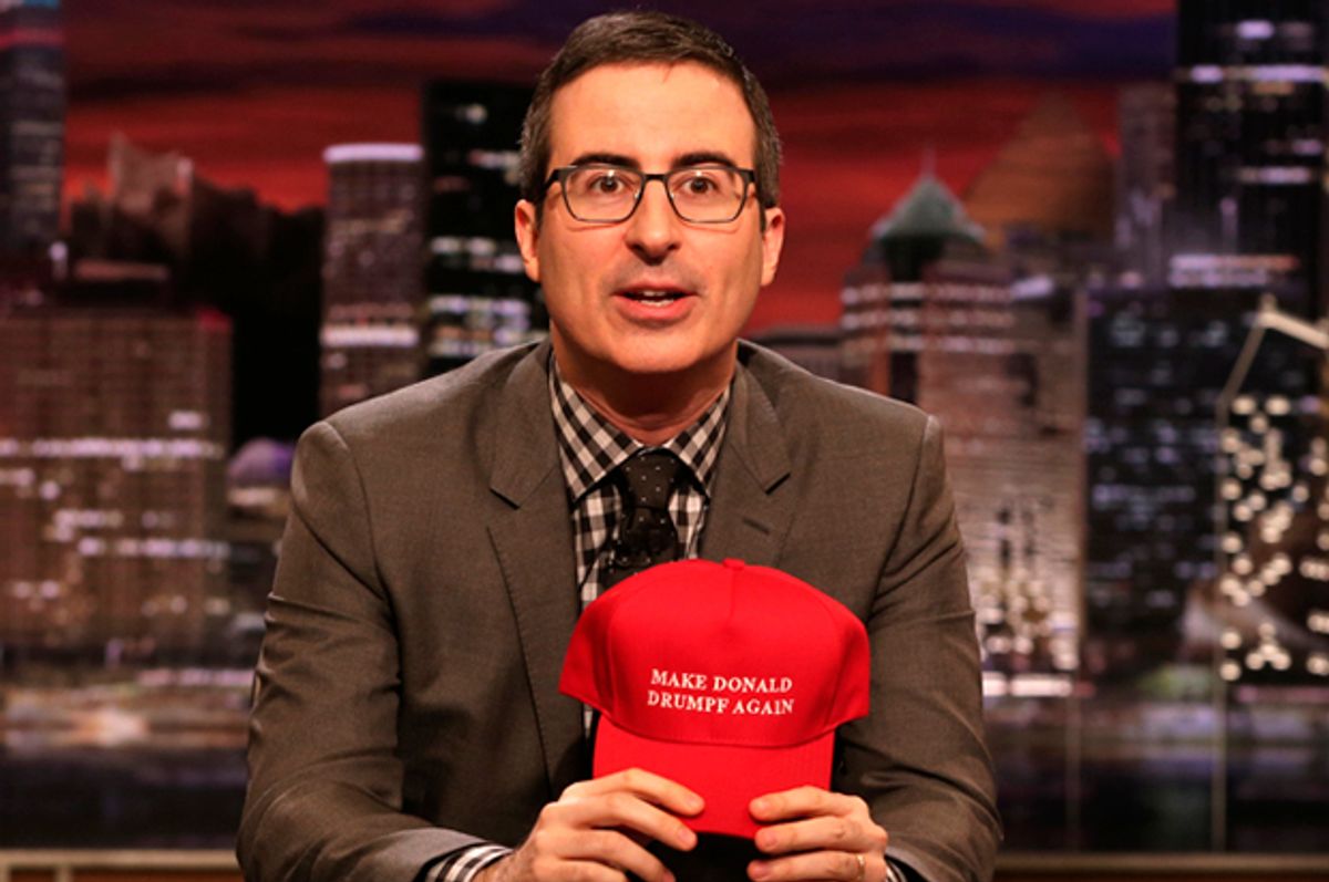 John Oliver with a "Make Donald Drumpf Again" cap   (HBO/Eric Liebowitz)