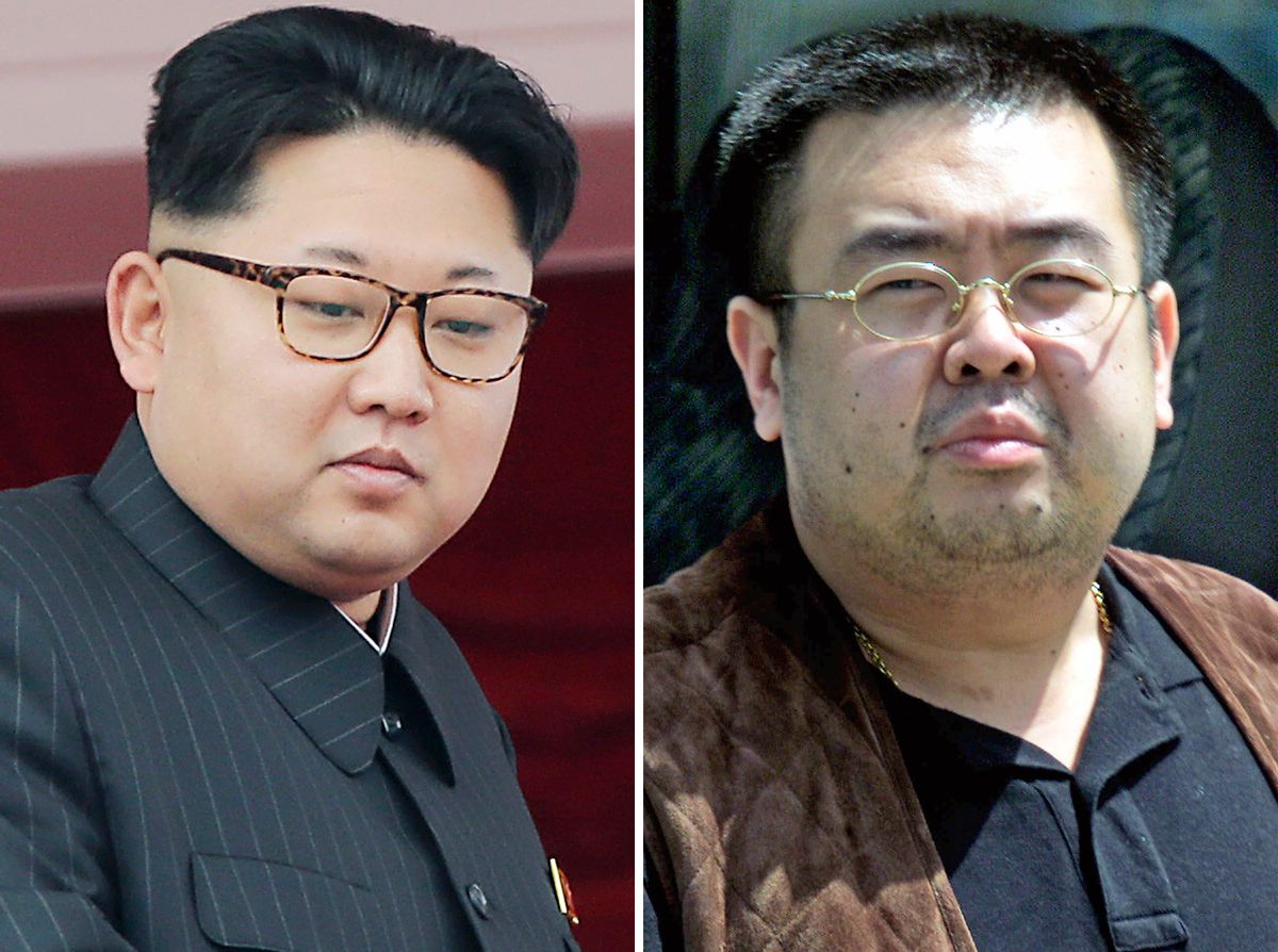 FILE - This combination of file photos shows North Korean leader Kim Jong Un, left, on May 10, 2016, in Pyongyang, North Korea, and Kim Jong Nam, right, exiled half brother of Kim Jong Un, in Narita, Japan, on May 4, 2001. South Korea’s spy agency believes that Kim Jong Nam was assassinated this week in a Malaysian airport as part of a five-year plot by　Kim Jong Un to kill a brother he reportedly never met. If this is right, the motive likely has more to do with their shared bloodlines - and that volcano - than any specific transgression. (AP Photos/Wong Maye-E, Shizuo Kambayashi, File) (AP)