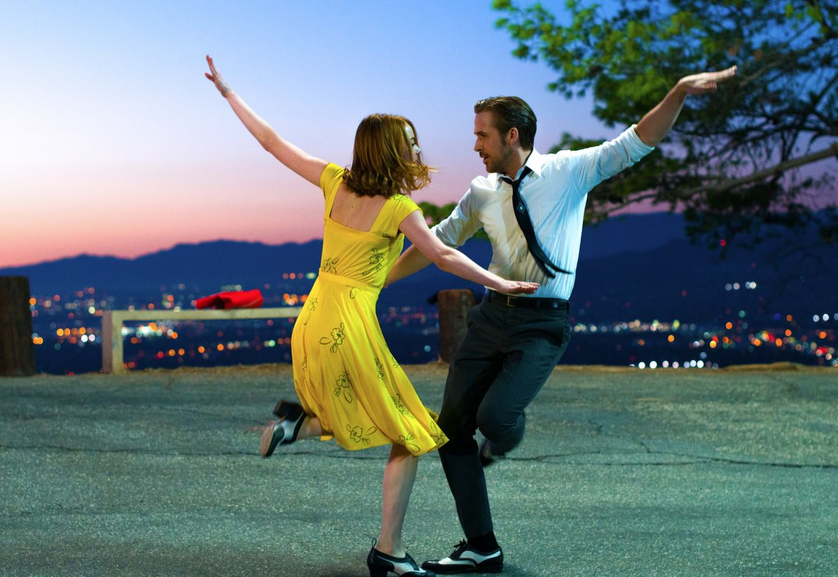This image released by Lionsgate shows Ryan Gosling, right, and Emma Stone in a scene from, "La La Land." The film is nominated for an Oscar for best picture. The 89th Academy Awards will take place on Feb. 26. (Dale Robinette/Lionsgate via AP) (AP)