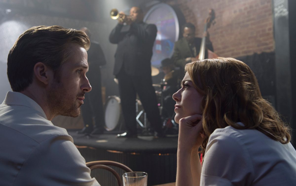 This image released by Lionsgate shows Ryan Gosling, left, and Emma Stone in a scene from, "La La Land."  The film was nominated for an Oscar for best feature film. The 89th Academy Awards will take place on Feb. 26.  (Dale Robinette/Lionsgate via AP) (AP)